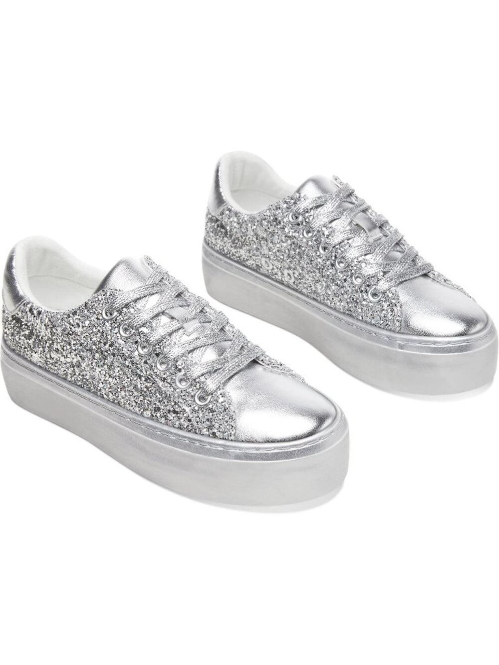 Womens Silver Comfortable Sparkly Lace-Up Chunky Glitter Fashion Walking Sneaker